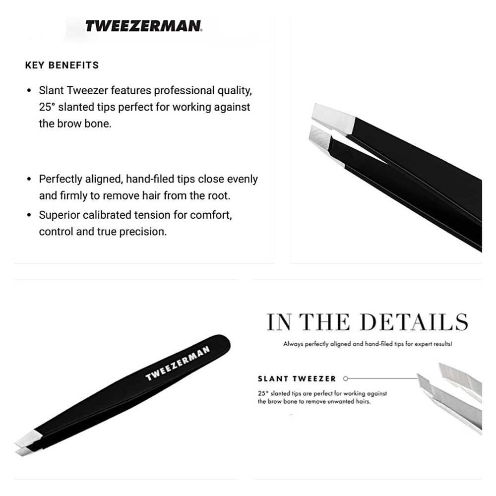 2 Tweezerman Slant Tip TWEEZERS; Black; Stainless Steel; FULL SIZE & TWEEZERETTE - Picture 6 of 11
